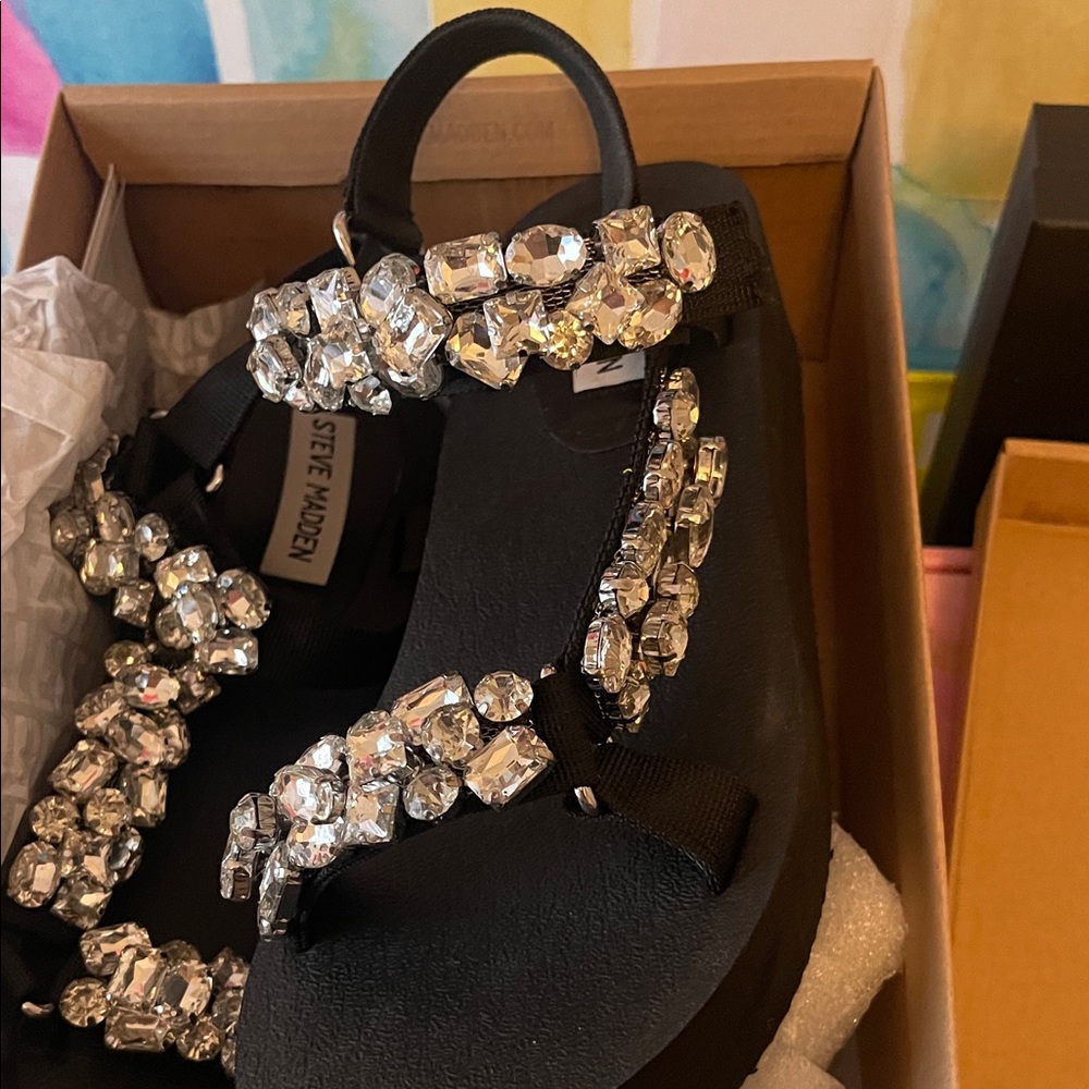 Steve Madden Black Jeweled Platform Sandals with Clear Crystals - Picture 3 of 11